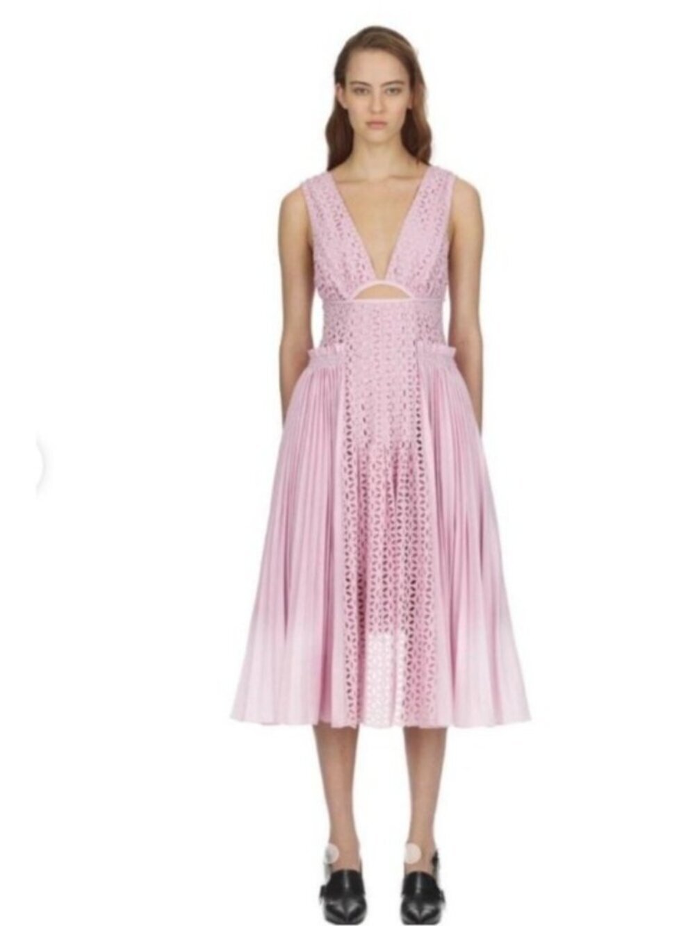 Self-Portrait Pink Pleated Lace Midi Dress UK 6 US 2 Cutout Sleeveless Romantic